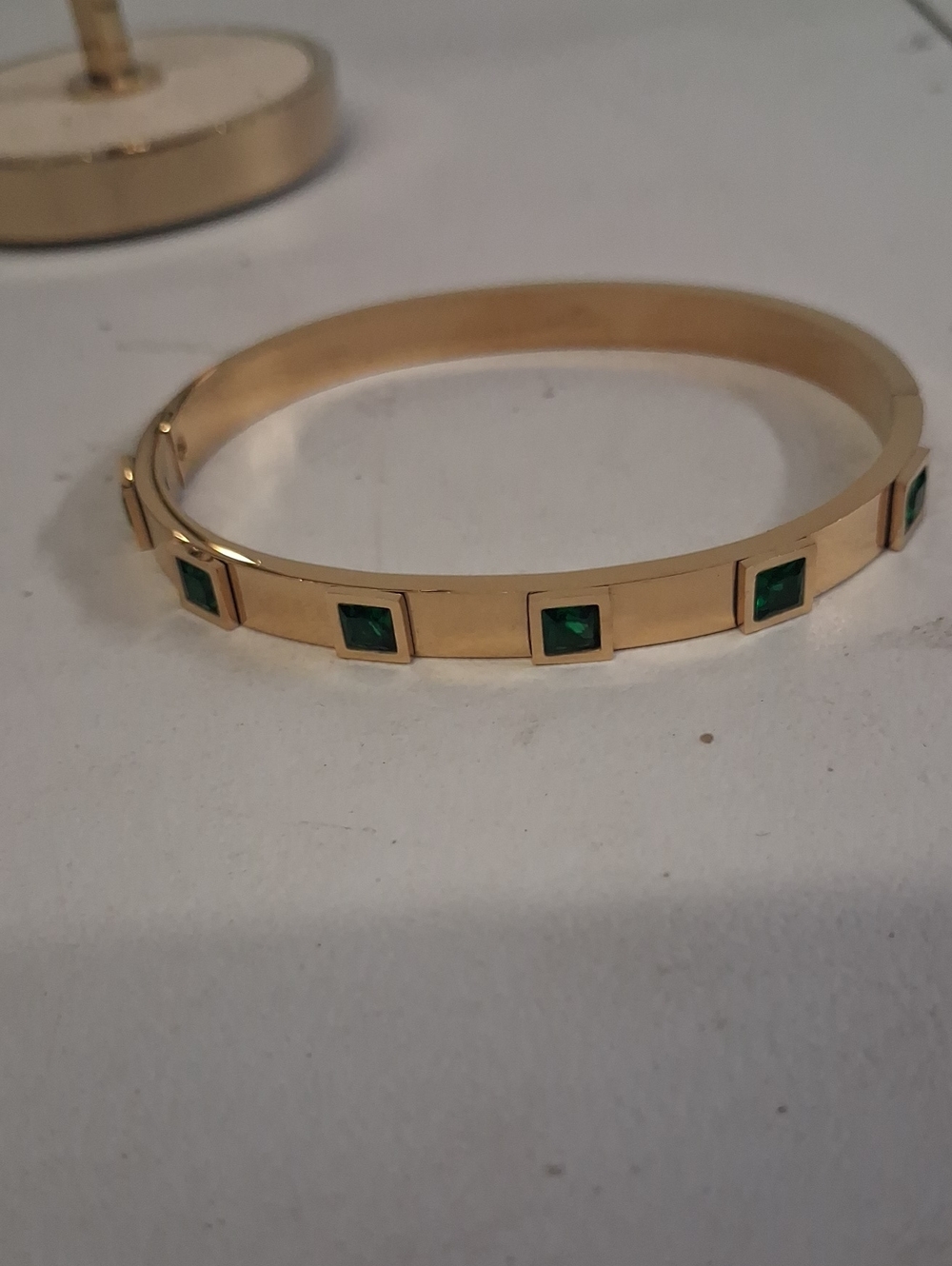 Gold Bangle Bracelet with Emerald Green Square Stones